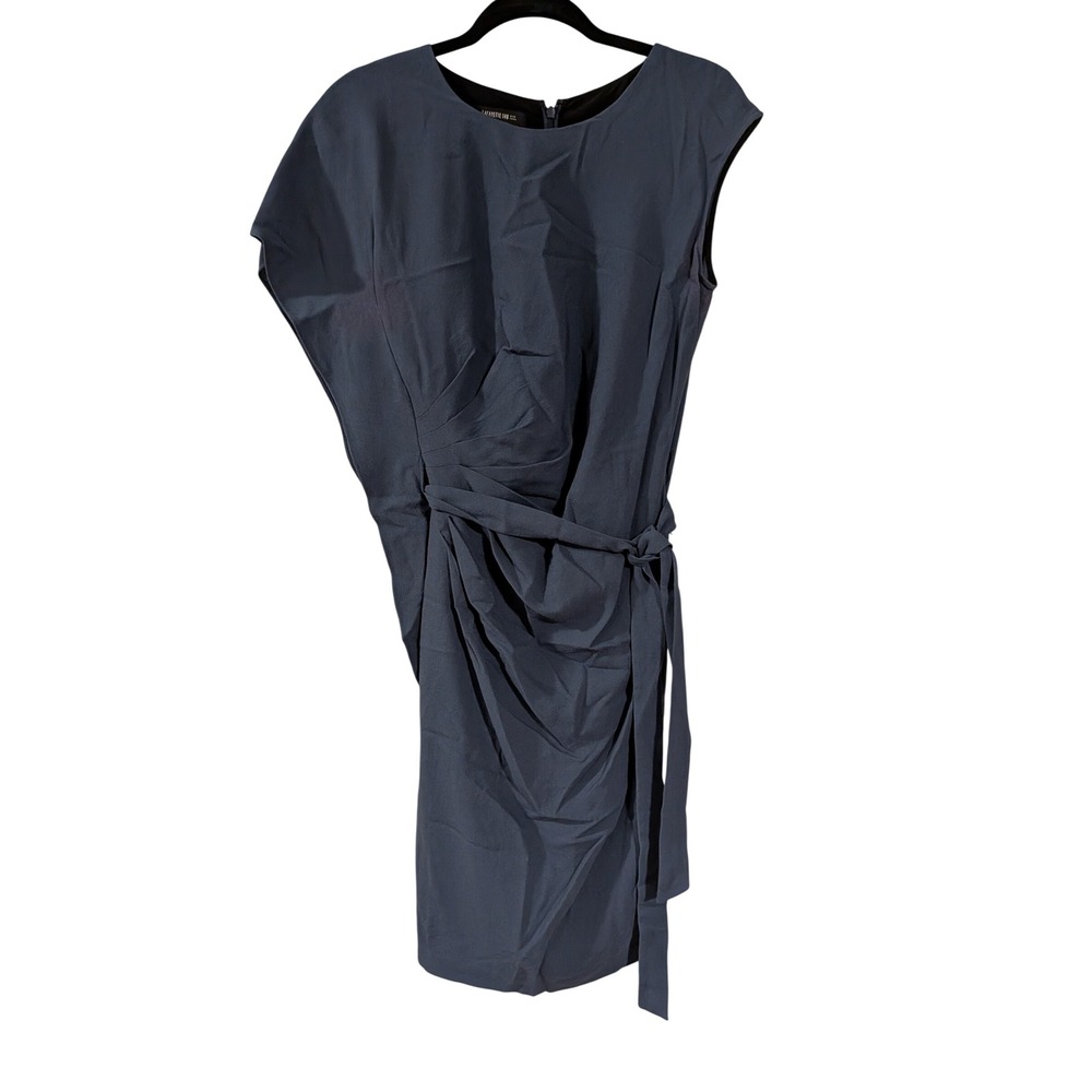 Lafayette 148 New York Sheath Dress Womens 8 Blue Asymmetrical Draped Tie Waist